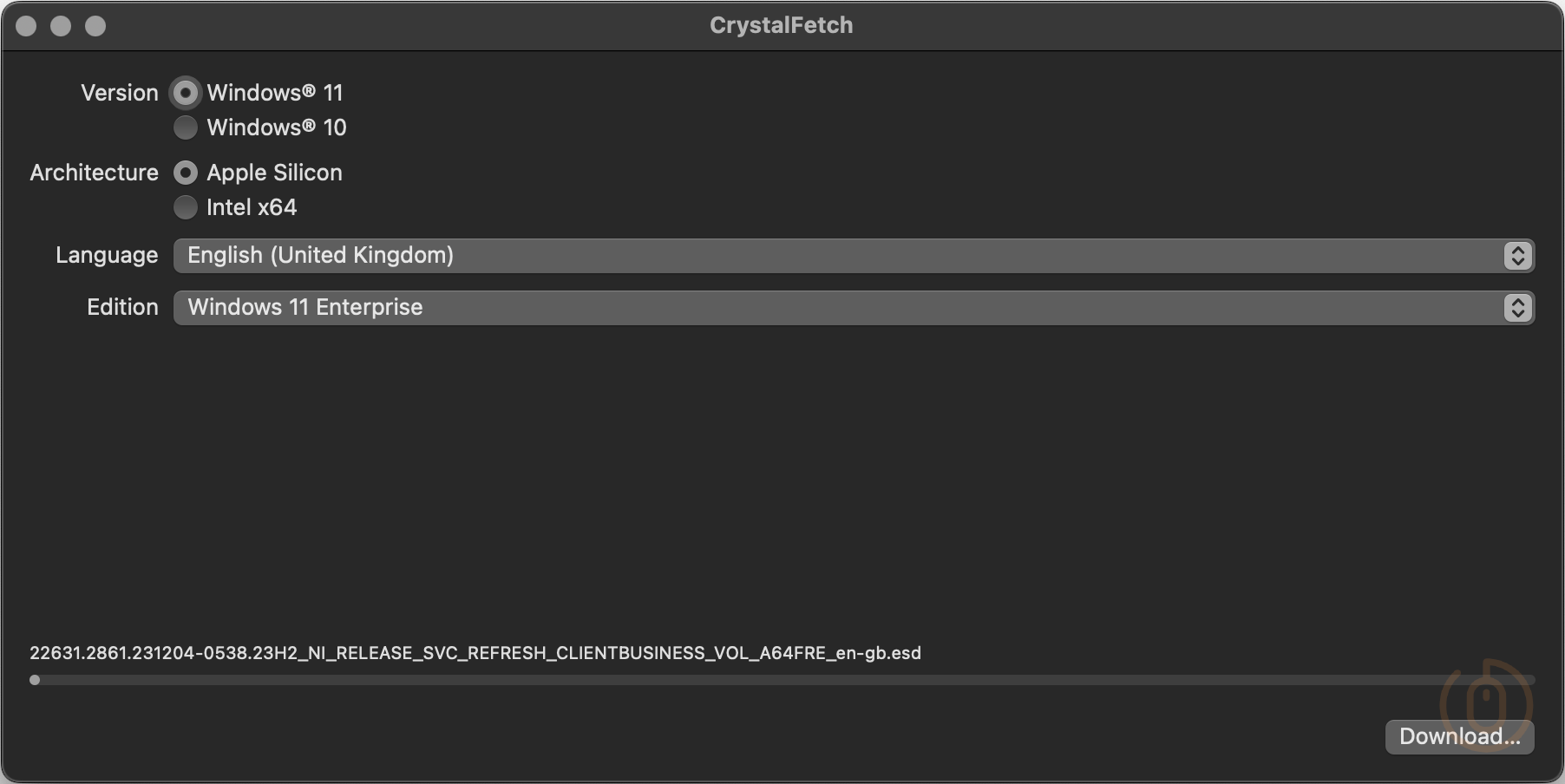 CrystalFetch downloading Windows 11 ARM